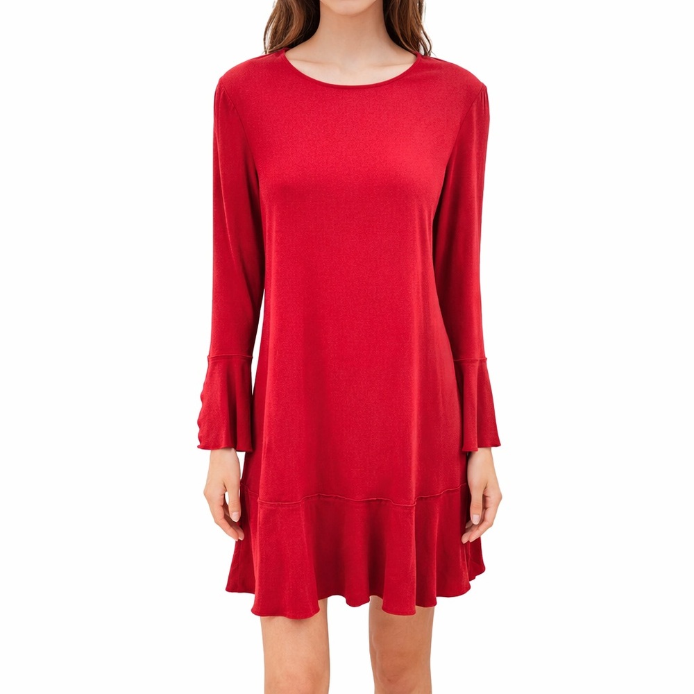 Theory Marah Pleated Crepe Mini Dress Size 6 Red‎ Long Sleeve Designer